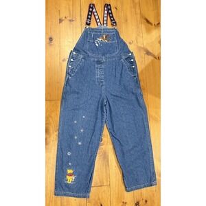 VTG Disney Pooh Tigger Winter Snowflake Embroidered Womens Denim Overalls XL